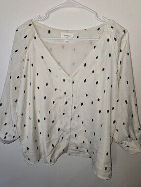 Everly Cream & Black Polka Dot V-Neck Button-Down Boho Blouse – L